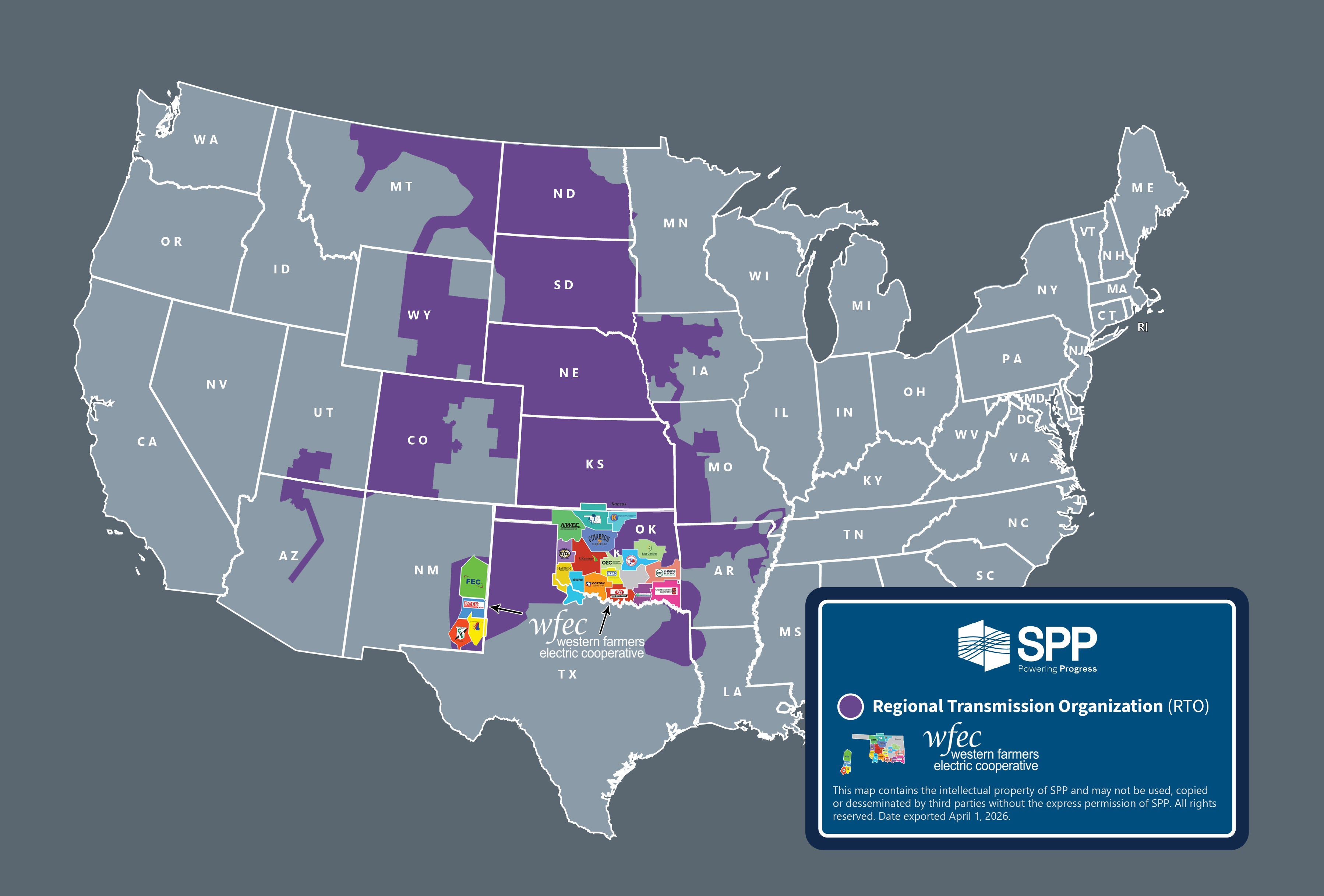 Service area map of SPP, with a service area map of Western Farmers Electric Cooperative embeded.