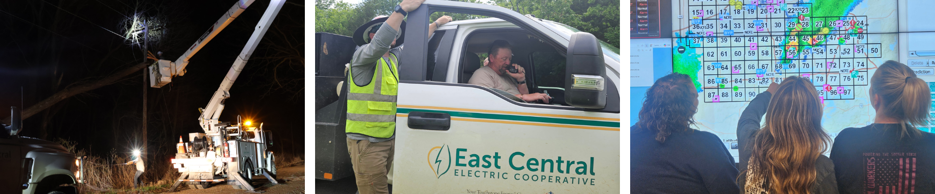 Images of East Central line crews and Dispatchers working on outage restoration.