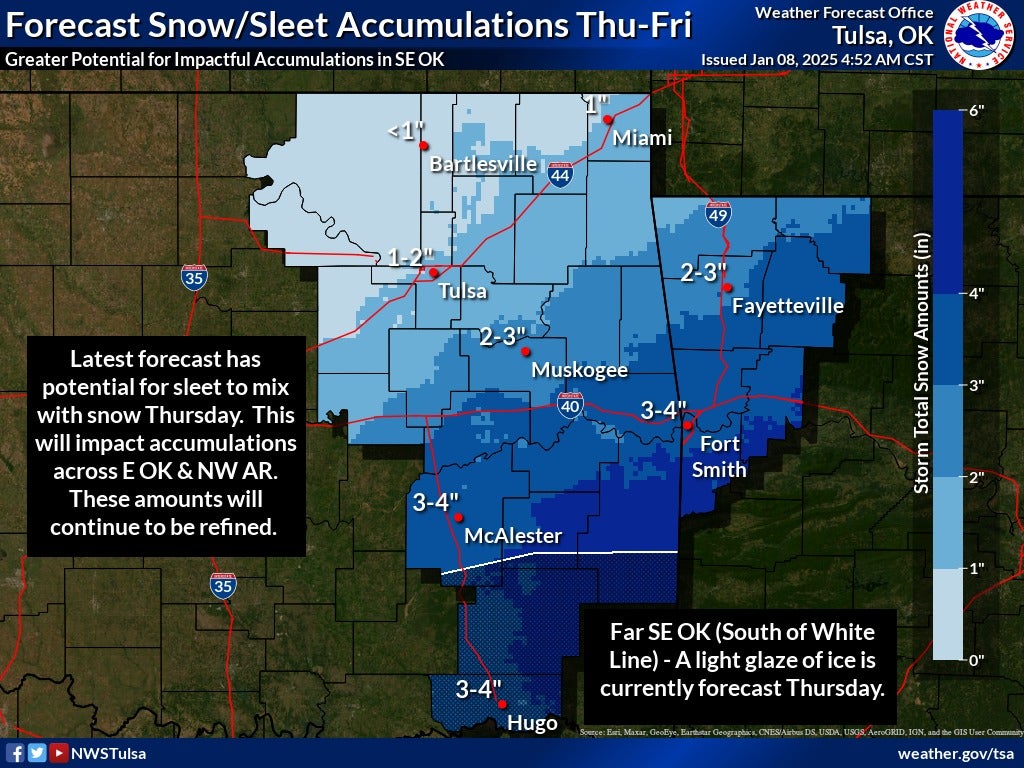 Map from the National Weather Service of Tulsa showing predictions for snow and sleet accumulation.