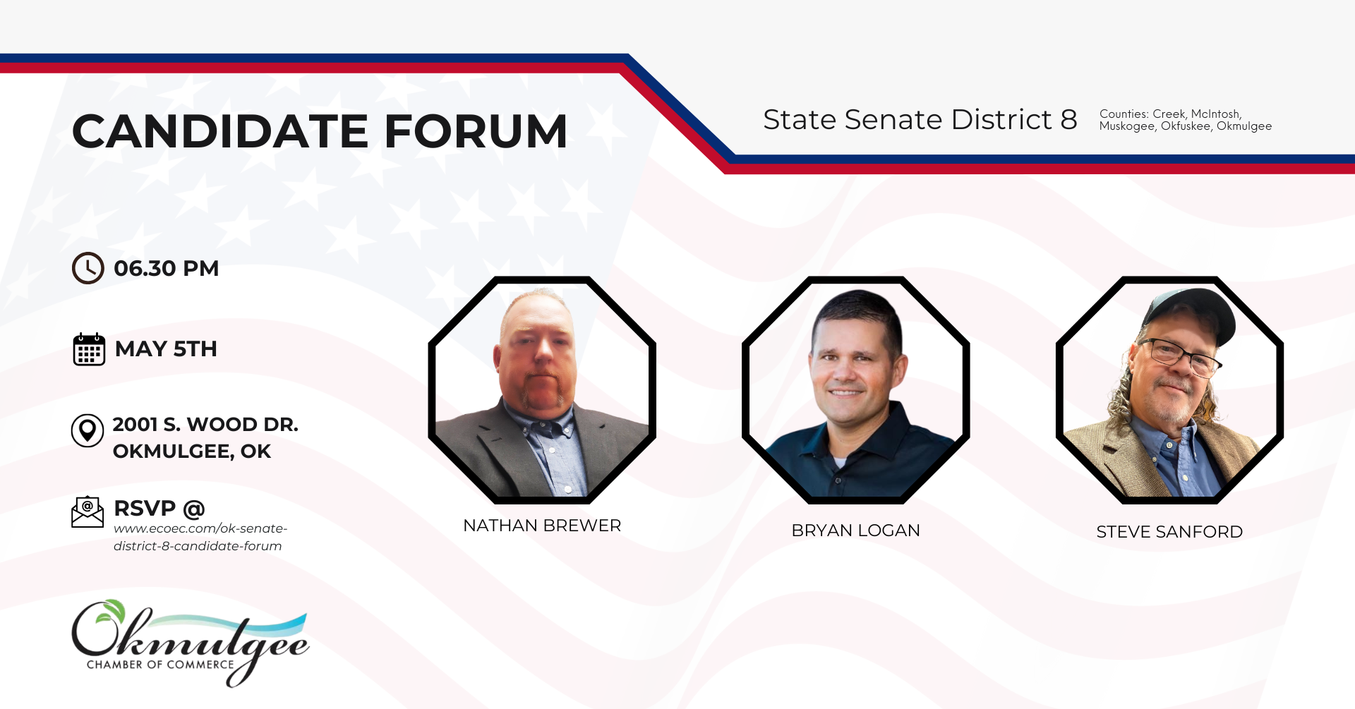 Candidate forum event details with photos of the three candidates: Nathan Brewer, Bryan Logan, and Steve Sanford.