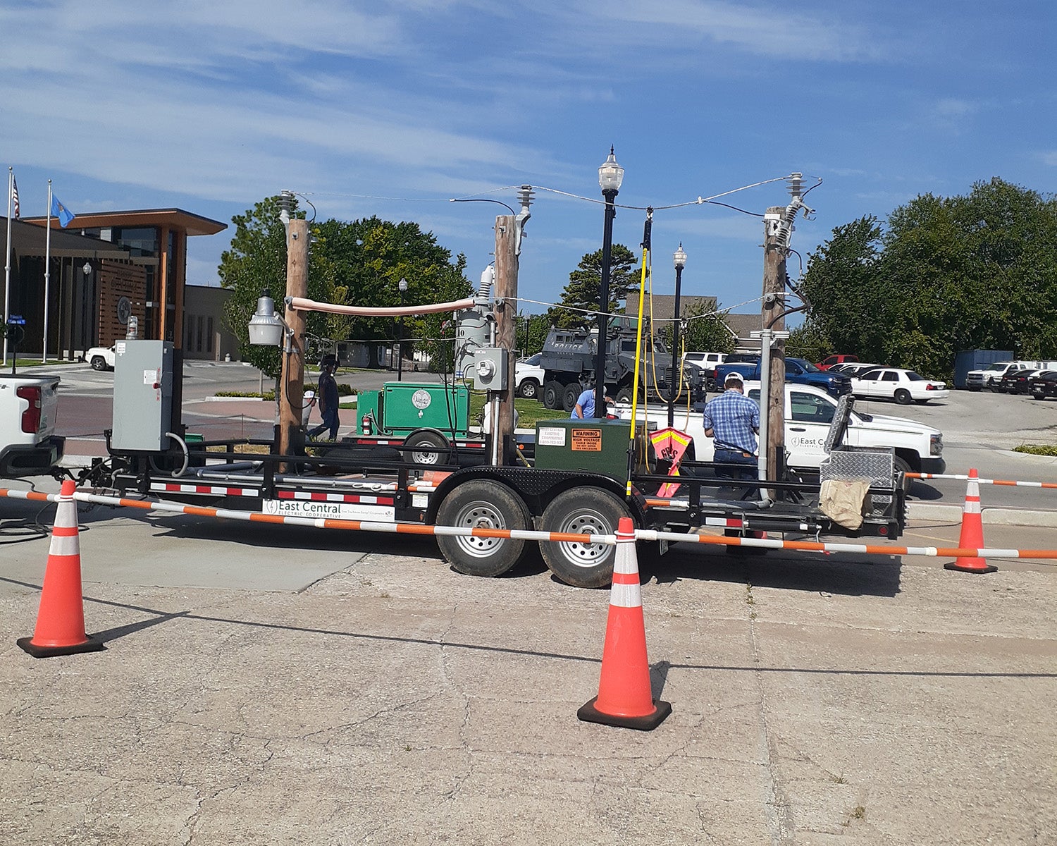 The demo trailer set up in a parking lot. 