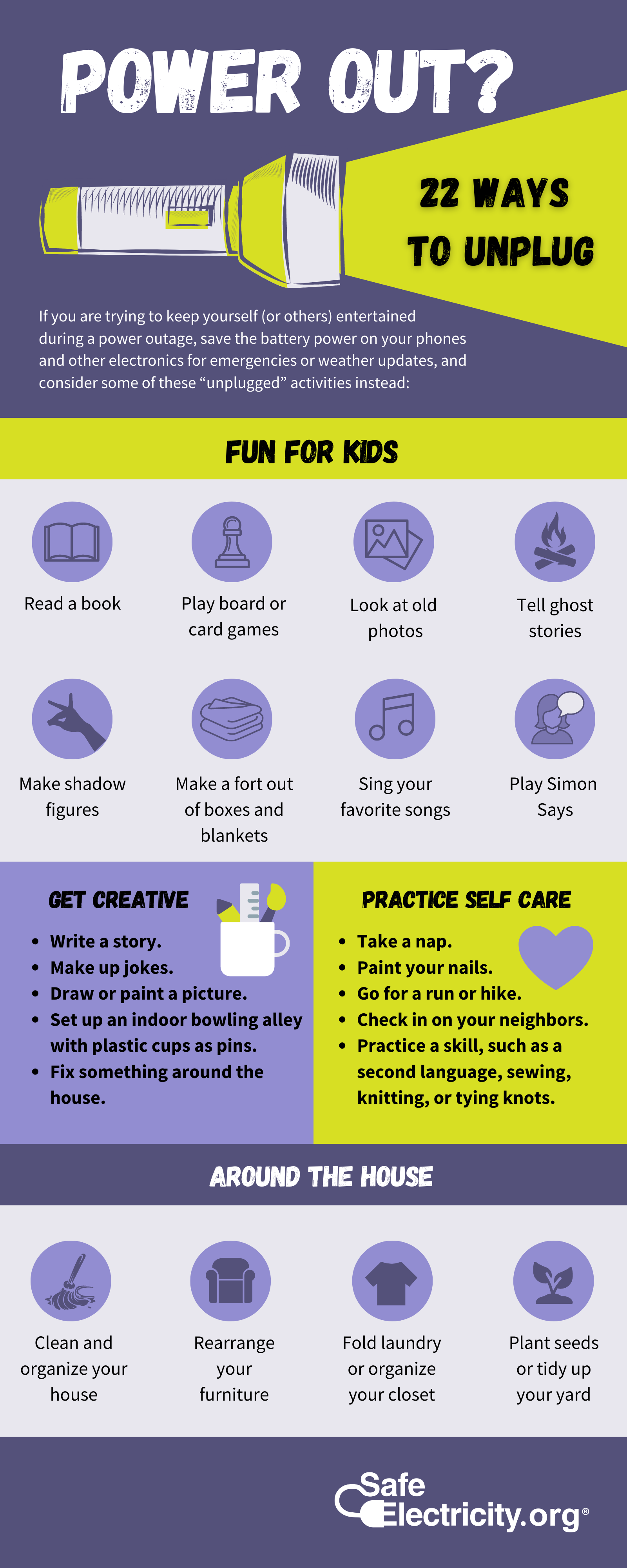 An infographic containing fun activities to do with kids when the power goes out.