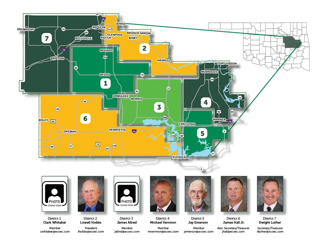 A map of the East Central Electric Cooperative Service Area, approximately 3,000 square miles in East Central Oklahoma touching nine counties.