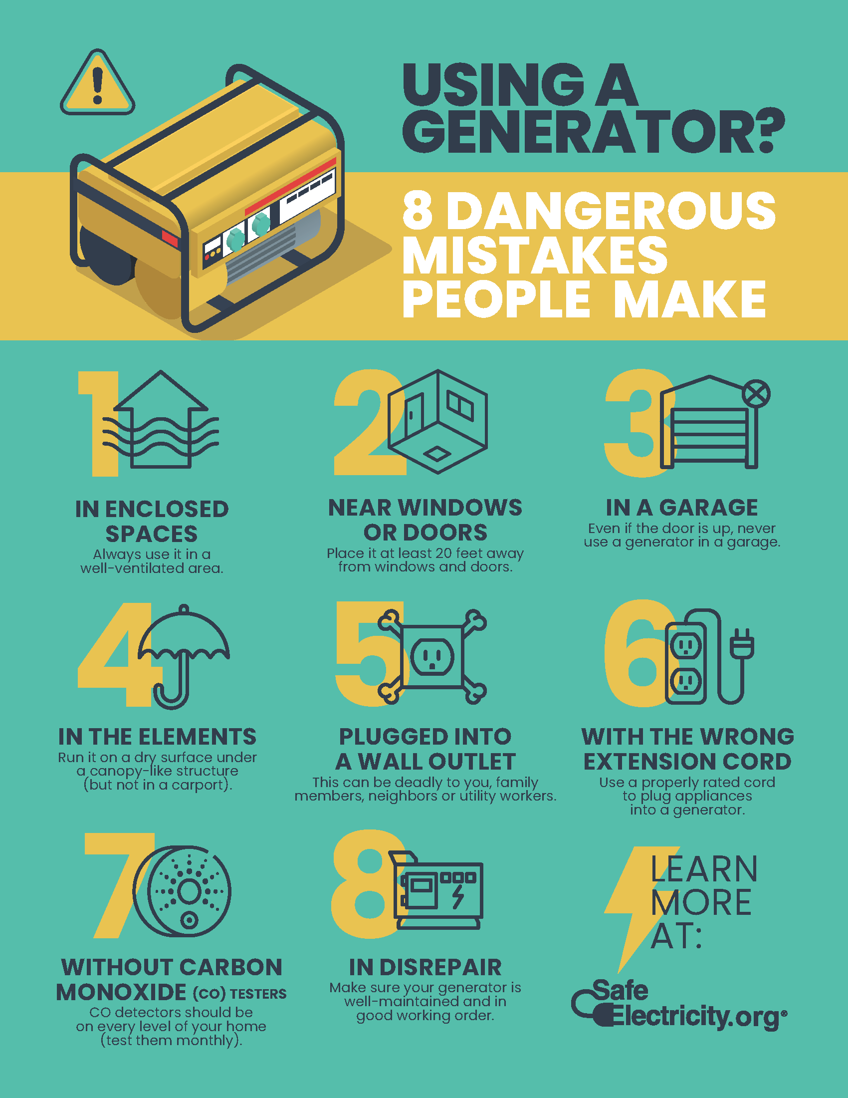 An infographic about 8 dangerous mistakes people make when using a generator. Never use a generator indoors or in any enclosed space or near the doors or windows of your home. Always use carbon monoxide detectors on every level of your home and test them monthly.