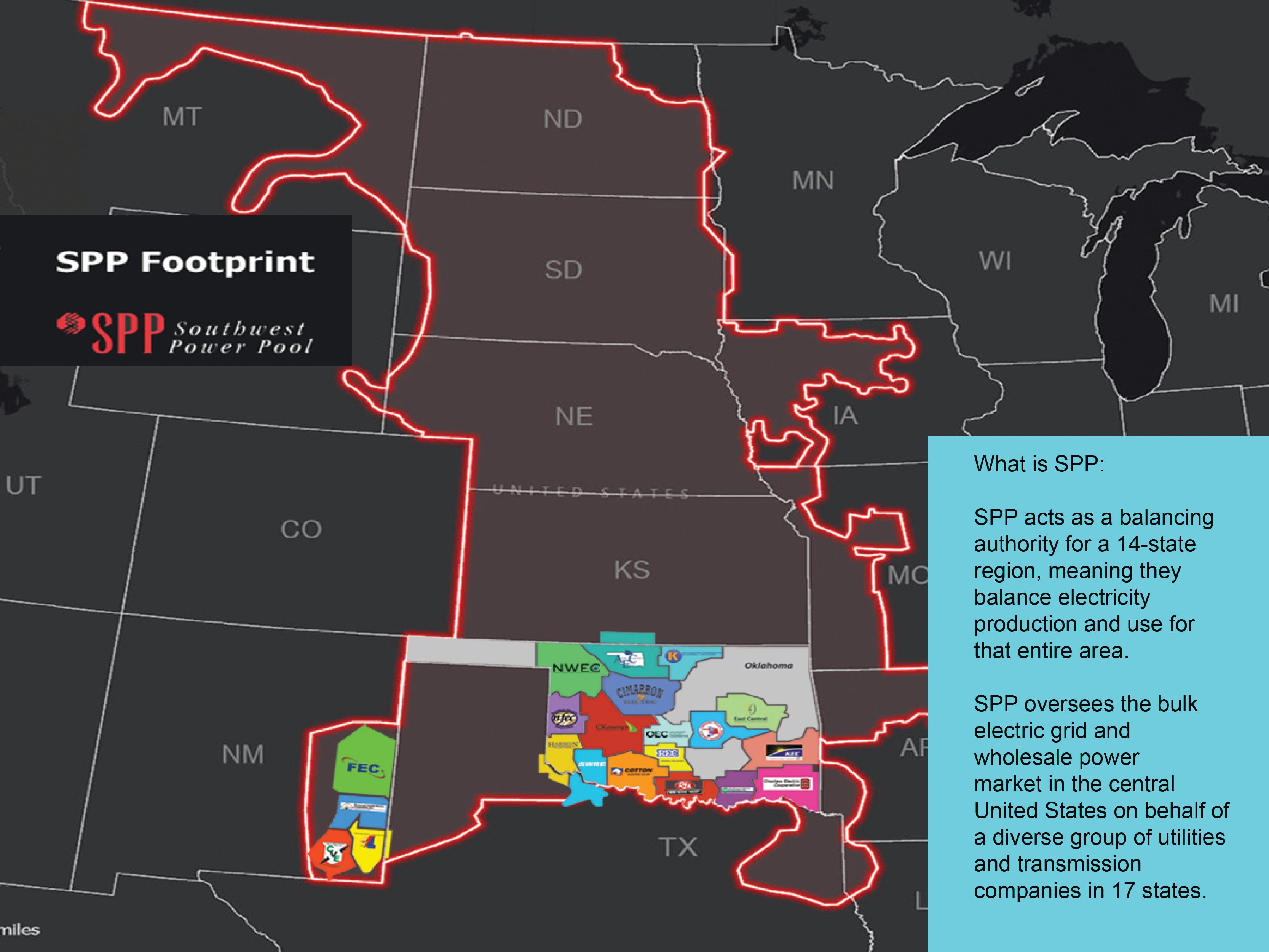 SPP footprint highlighted in red with each Oklahoma co-op they regulated indicated. Energy Alert Levels are also indicated on the right. All of the important text on this image is written out below.