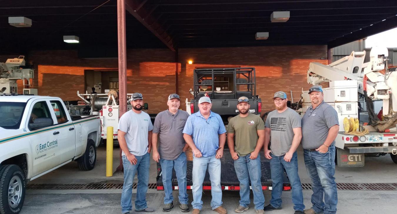ECE Co-op Linemen Tyler London, Gary Baker, Stacy Bourne, Lael LeBlanc, Trevor Cheatwood and Jody Gilroy prepare to leave for Louisiana.