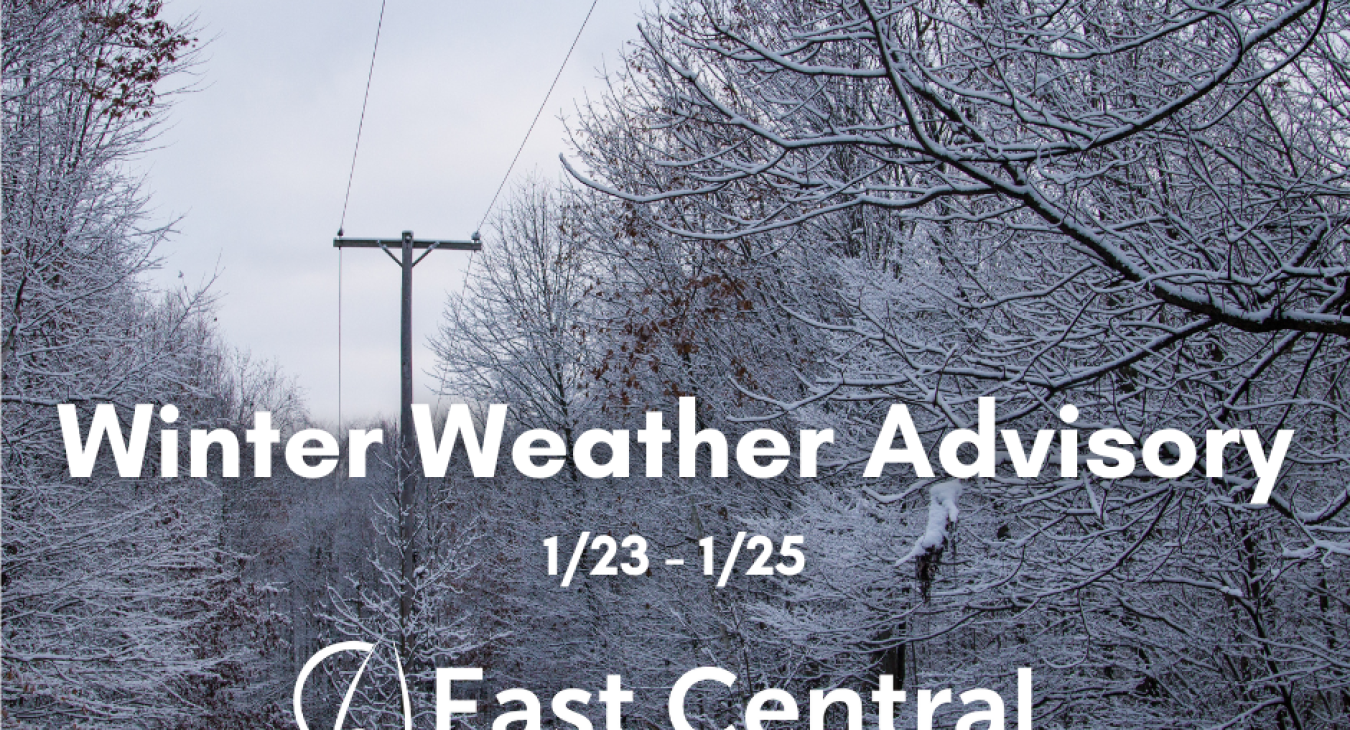 Image of winter scene with power lines. On the image are the words winter weather advisory and the date range 1/23 to 1/25.