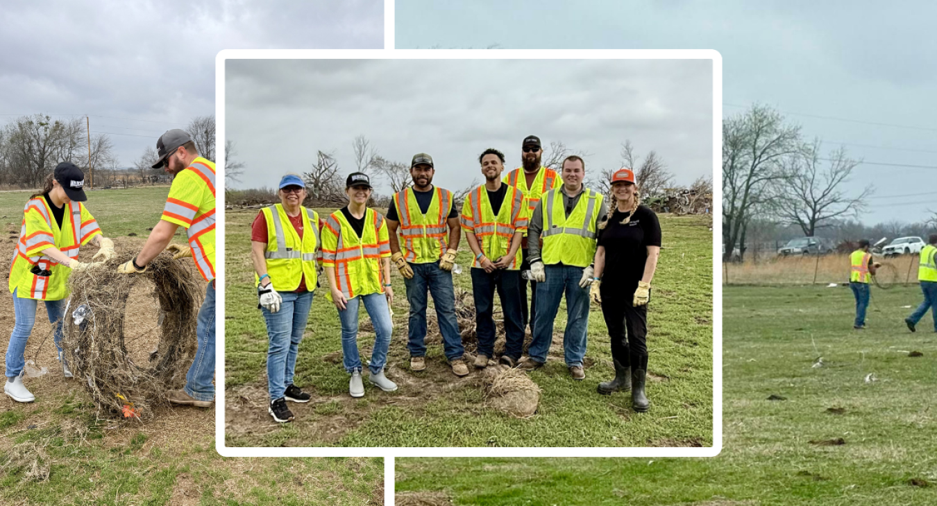 Photos of volunteers from storm restoration efforts.